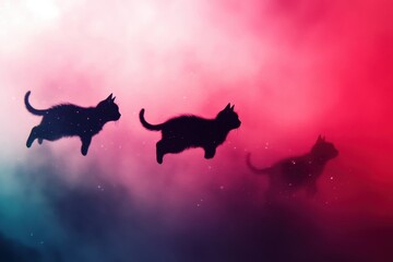 Three cats running in surreal colorful misty background
