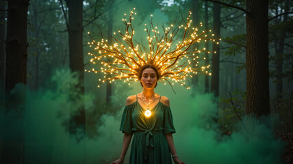Fototapeta premium Enchanting woman with glowing branch hair in dark forest, mystical fantasy