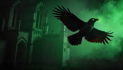 Fototapeta premium Glowing green-eyed raven flying through ruined cathedral, gothic surrealism