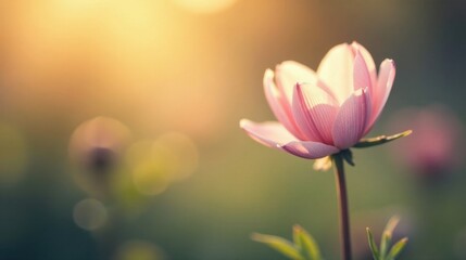 Fototapeta premium A delicate pink blossom bathed in the warm glow of the setting sun, a serene moment in nature's gentle embrace.