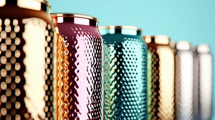 Vibrant and Textured Metallic Cans in Various Colors Displayed Against a Soft Blue Background