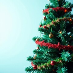 A festive red and green garland wrapped around a blue Christmas tree, green, blue color scheme