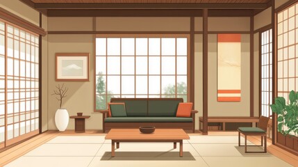 Fototapeta premium A Serene, Minimalist Japanese-Style Living Room Bathed In Soft Sunlight. The Room Features A Comfortable Sofa, Coffee Table, And Traditional Shoji Screens. It Evokes Feelings Of Calm And Tranquility.