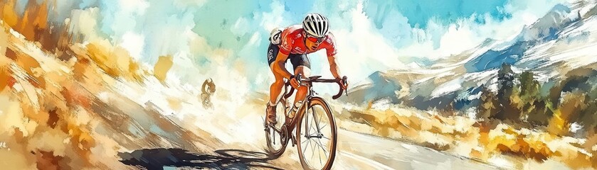 Cyclist racing down a mountain road, speed and motion, watercolor style