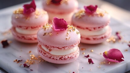 Pink macarons rose petal neat arrangement delicate sweets food still life tasty treat