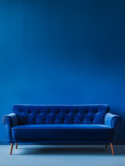 Blue luxury soft comfortable sofa on a blue plain background. Neural network AI generated art