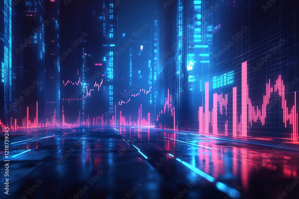 Poster futuristic cityscape with stock market data and digital graphs illustrating financial technology : g
