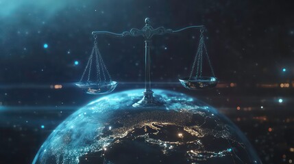 A global legal system displayed in digital form, with floating scales of justice weighing international law.