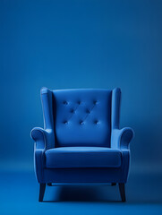 Blue luxury soft comfortable sofa on a blue plain background. Neural network AI generated art