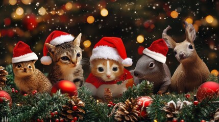 Playful Christmas scenes with Santa hats on different animals. Featuring imaginative and festive settings. Highlighting holiday cheer and creativity. Ideal for Christmas promotions.
