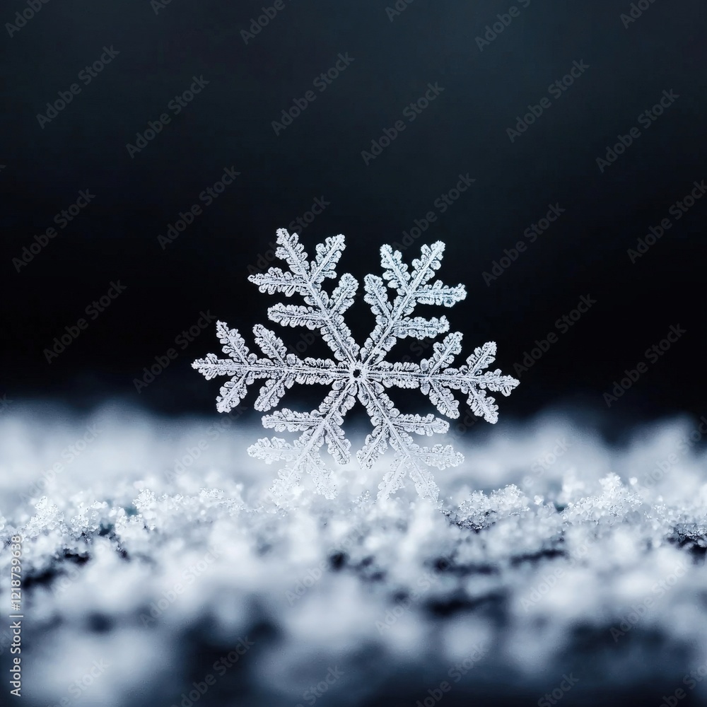 Poster close-up of intricate snowflake resting on a soft bed of fresh snow with dark blurred background