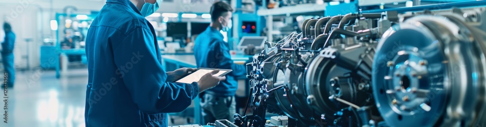 Poster engineers in blue uniforms working with advanced machinery in a modern industrial manufacturing faci