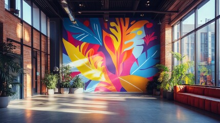 large wall mockup for branding and mural advertising, this wall is colorful with abstract painting and warm feeling