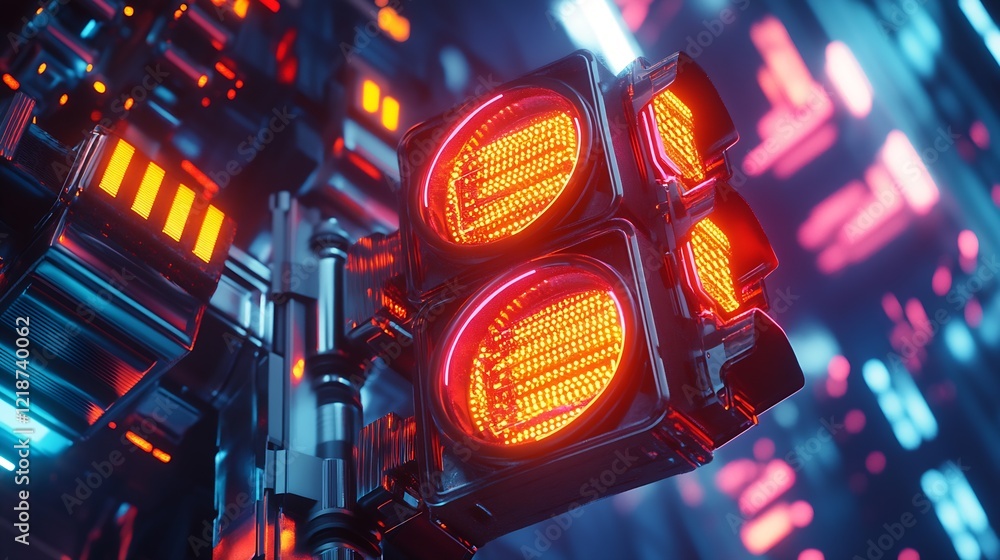Poster illuminated red traffic lights in sci-fi inspired cityscape : generative ai