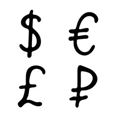 Hand drawn multiple currencies symbol set Dollar euro pound ruble