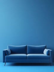 Blue luxury soft comfortable sofa on a blue plain background. Neural network AI generated art