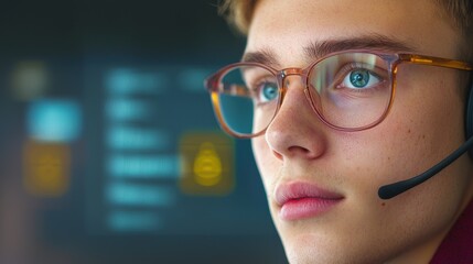 Focused young call center agent in modern office environment engaged in customer support with tech background