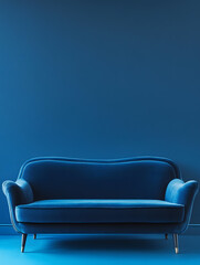 Blue luxury soft comfortable sofa on a blue plain background. Neural network AI generated art
