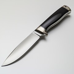 Elegant stainless steel knife with glossy black handle on gray background