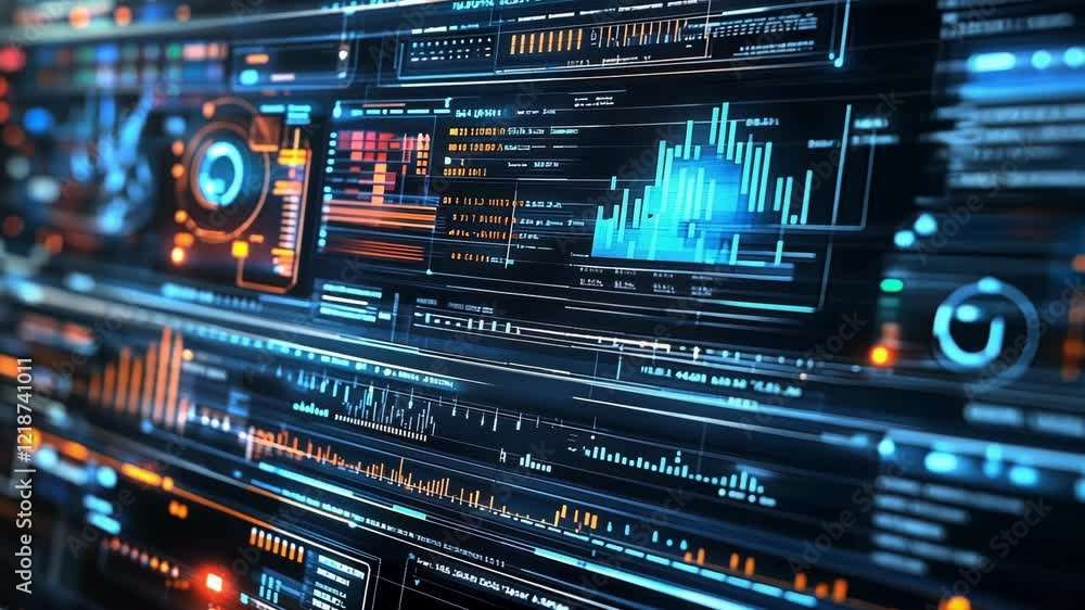 Poster futuristic interface displaying various data visualizations, charts, and metrics, suggesting advance