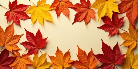 Autumnal Leaf Border Frame of Vibrant Red and Golden Hues on a Pale Background