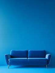 Blue luxury soft comfortable sofa on a blue plain background. Neural network AI generated art