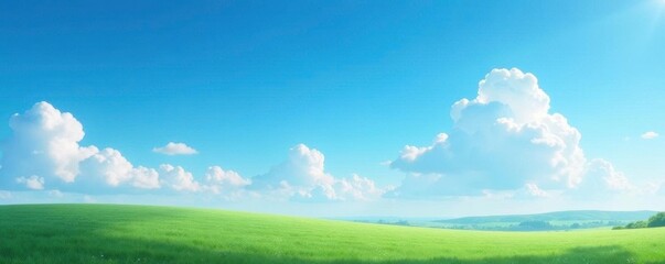 Fototapeta premium A few scattered clouds drift lazily across a clear blue sky at midday, landscape, soft focus