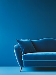 Blue luxury soft comfortable sofa on a blue plain background. Neural network AI generated art