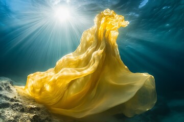 Sunlight Illuminating Flowing Golden Fabric Underwater Creating Ethereal Aesthetic : Generative AI