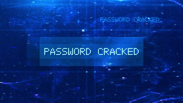 Password Cracked Digital Text Animation over Futuristic World Map and HUD Effects