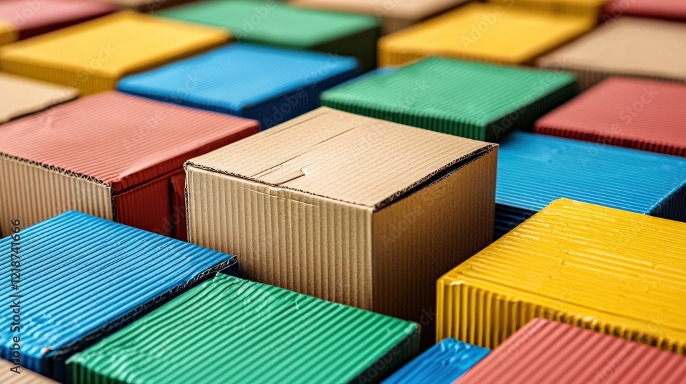 Poster colorful cardboard boxes arranged in a pattern on a bright surface for creative design and art proje