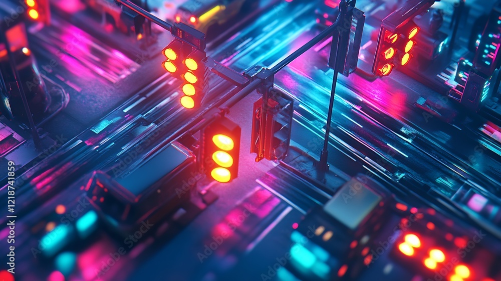 Poster bird’s eye view of a busy traffic intersection in a neon-lit futuristic cityscape : generative ai