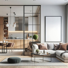 "Modern Living Room Interior with ISO A Paper Size Poster Mockup – Elegant 3D Render Design"