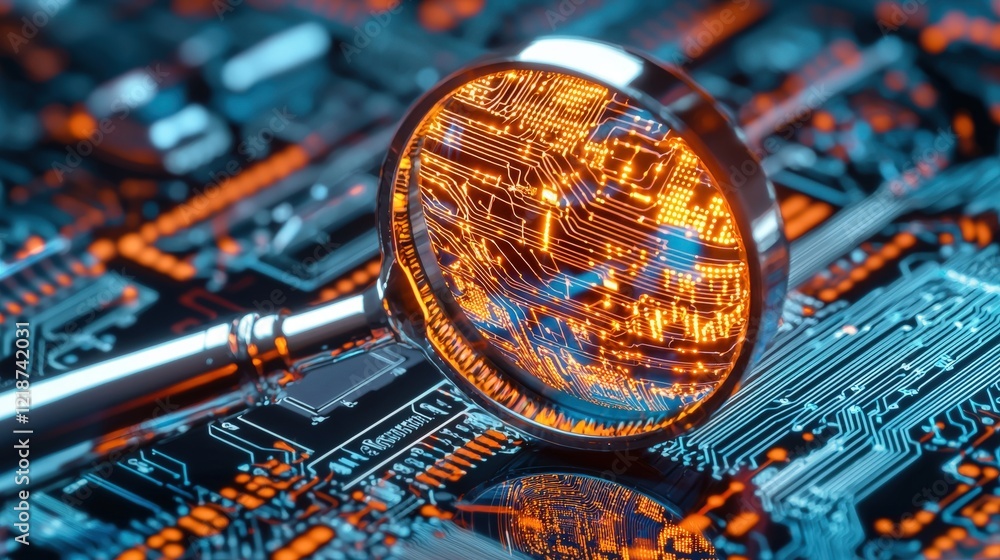 Poster magnifying glass over circuit board displaying detailed technology and data visualization for digita