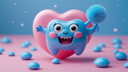 A cartoon clown with a red heart and heart-shaped balloons brings fun Valentine's love