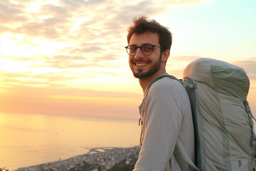 Young Traveler Smiles at Sunset With Backpack Overlooking Coastal City