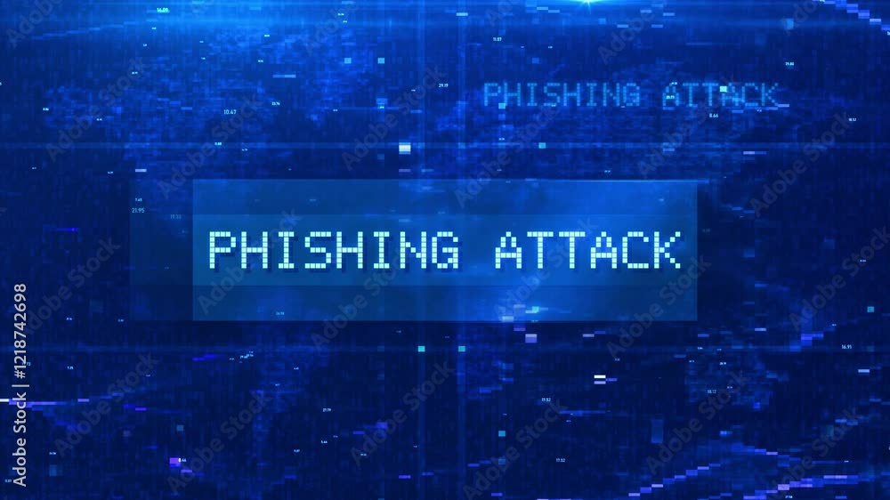 Poster phishing attack digital text animation over futuristic world map and hud effects