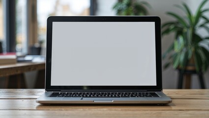 A sleek laptop rests atop a warm wooden table