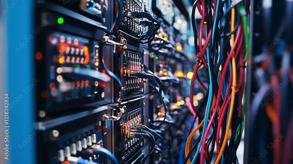 Poster close up view of colorful network cables connecting to servers in a modern data center, highlighting