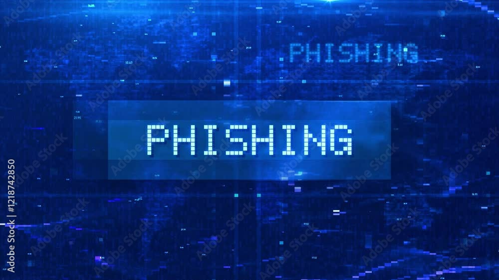 Poster phishing digital text animation over futuristic world map and hud effects