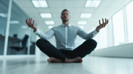 Man Meditating in Office Space with Natural Light and Calm Atmosphere for Stress Relief and Mindfulness Practice