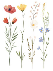 Colorful Wildflowers Arranged in Vertical Rows on a transparent background, cut out, PNG 3D Digital Art, clip art.