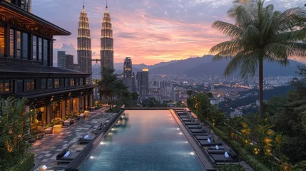 Crédence en verre imprimé Rooftop pool overlooking Kuala Lumpur cityscape at sunset