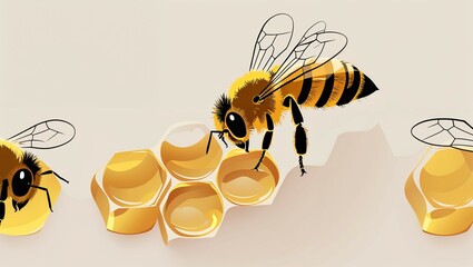 A cute yellow cartoon bee flies near a sweet honeycomb, illustrating nature's honey production
