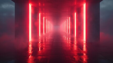 Abstract 3D Scene with Glowing Red Laser Lines in a Foggy Tunnel. Generative AI