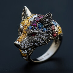 Fototapeta premium Metallic wolf shape ring decorated with gem stones.
