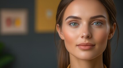 Naklejka premium Captivating portrait of a young woman in a modern interior setting lifestyle photography close-up engaging expression