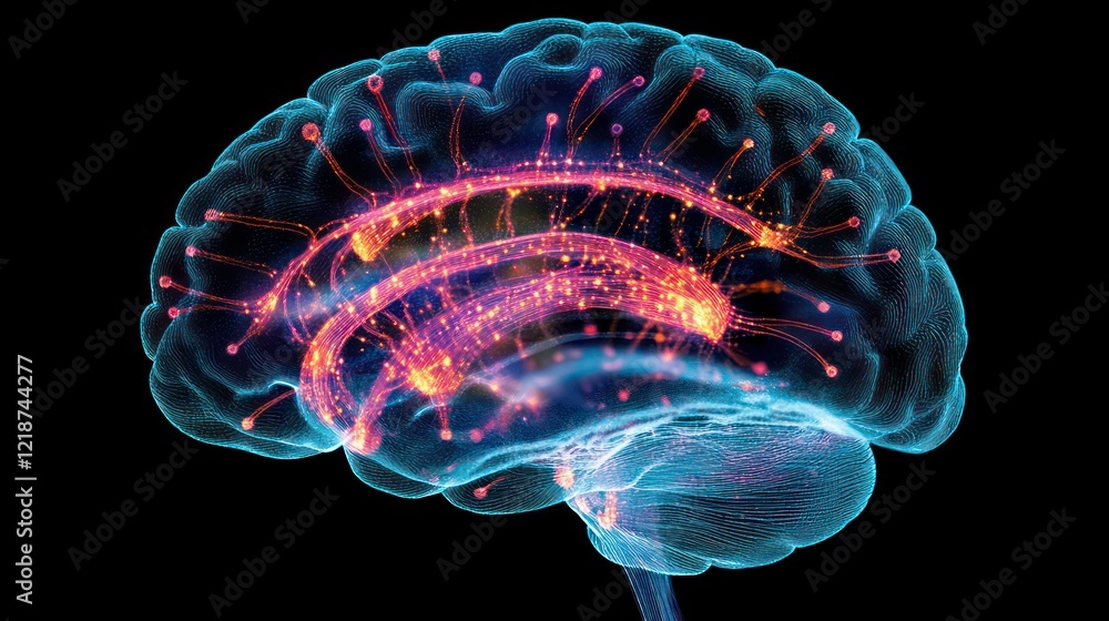 Poster a glowing brain scan with neural pathways illuminated, surrounded by tech-inspired lines.