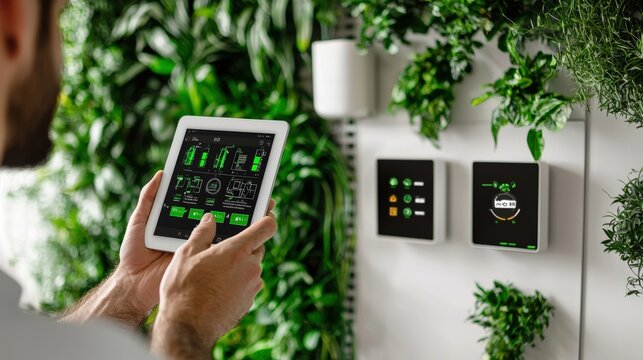 Person Using Tablet to Control Smart Home Technologies in Green Indoor Garden Setting with Plant Decor