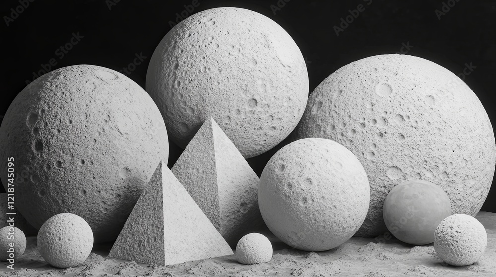Poster shapes and textures of various spheres and pyramids arranged artistically against a dark backdrop. g